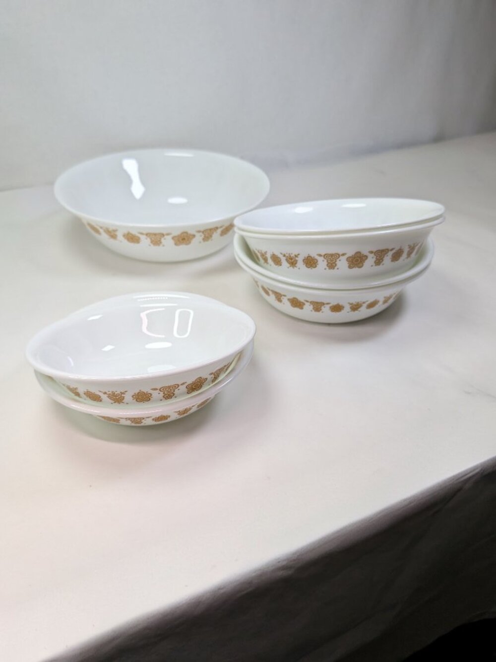 Vintage Corelle Butterfly Gold Bowls Set 7 Pc Serving Cereal Dessert Glass